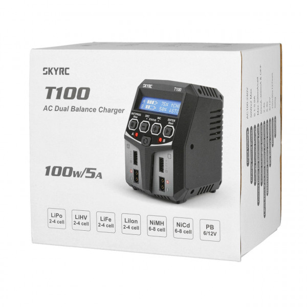 Chargeur SkyRC T100 AC DUO LiPo 2-4s 5A 2x50W + 2 C&acirc;bles Multi